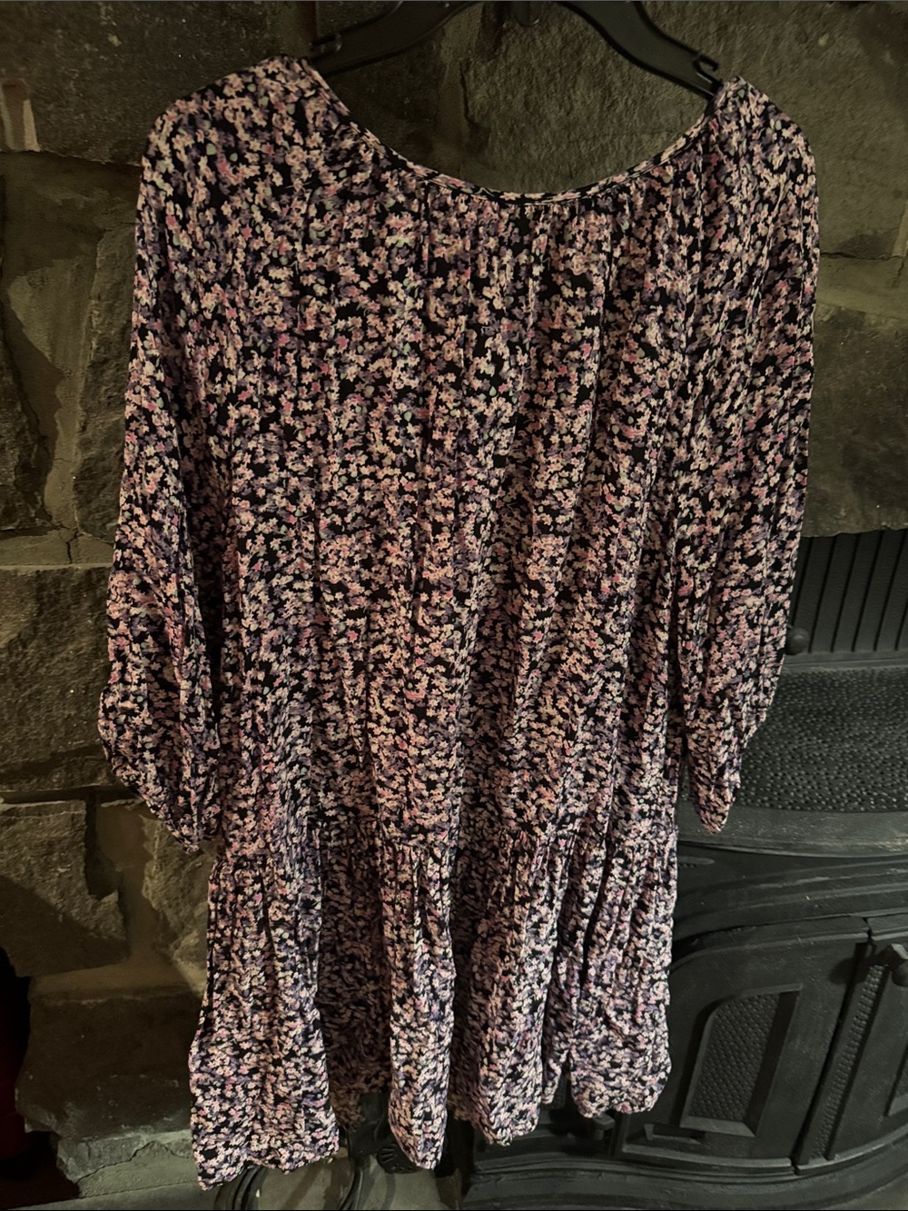 H&M Navy Floral Tiered Never Worn Long-Sleeve Dress with Pink Accents